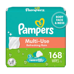 Pampers Multi-Use Wipes Refreshing Rain pack close-up for a fresh clean.