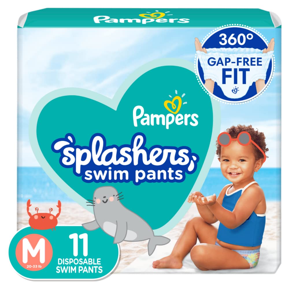 Pampers Splashers medium 11 ct packshot, pool-ready design for easy swimtime changes