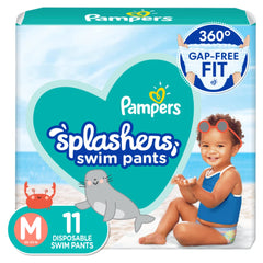 Pampers Splashers medium 11 ct packshot, pool-ready design for easy swimtime changes