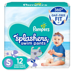 Pampers Splashers swim diapers small 12ct front view showing snug fit for water play.