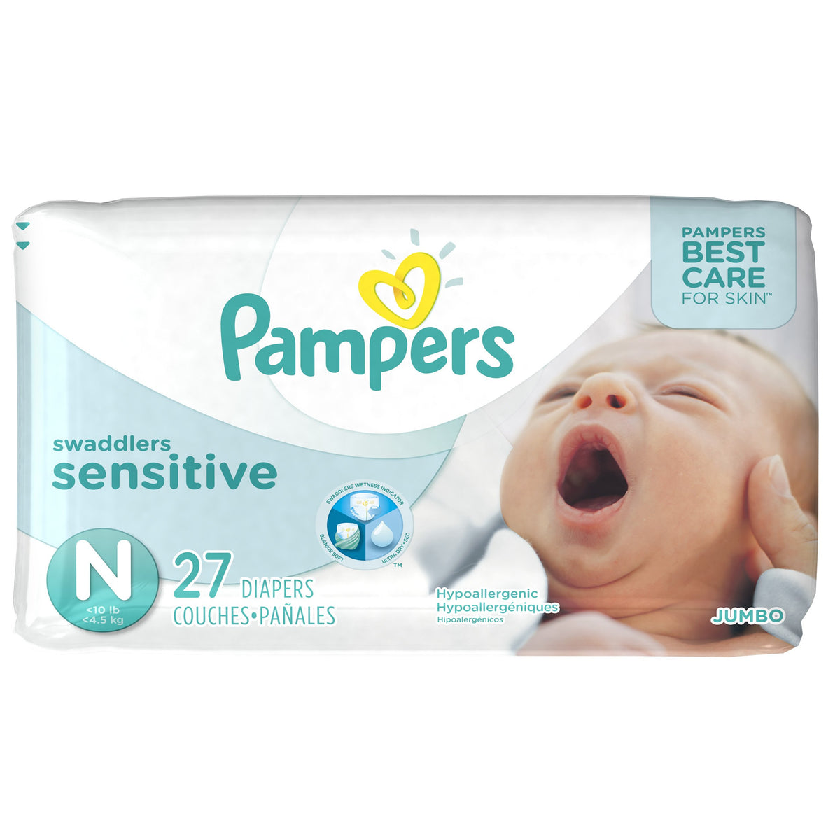 Pampers Swaddlers Sensitive newborn diapers show pack cover softness for comfortable everyday wear.