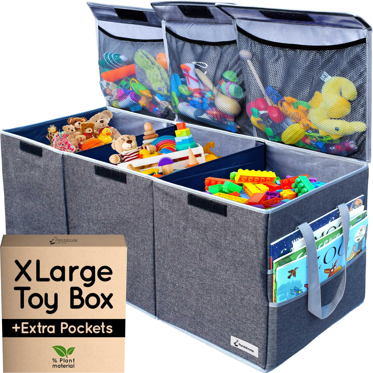 Pandabode extra large toy box with open lid showing roomy storage and clutter-free living space