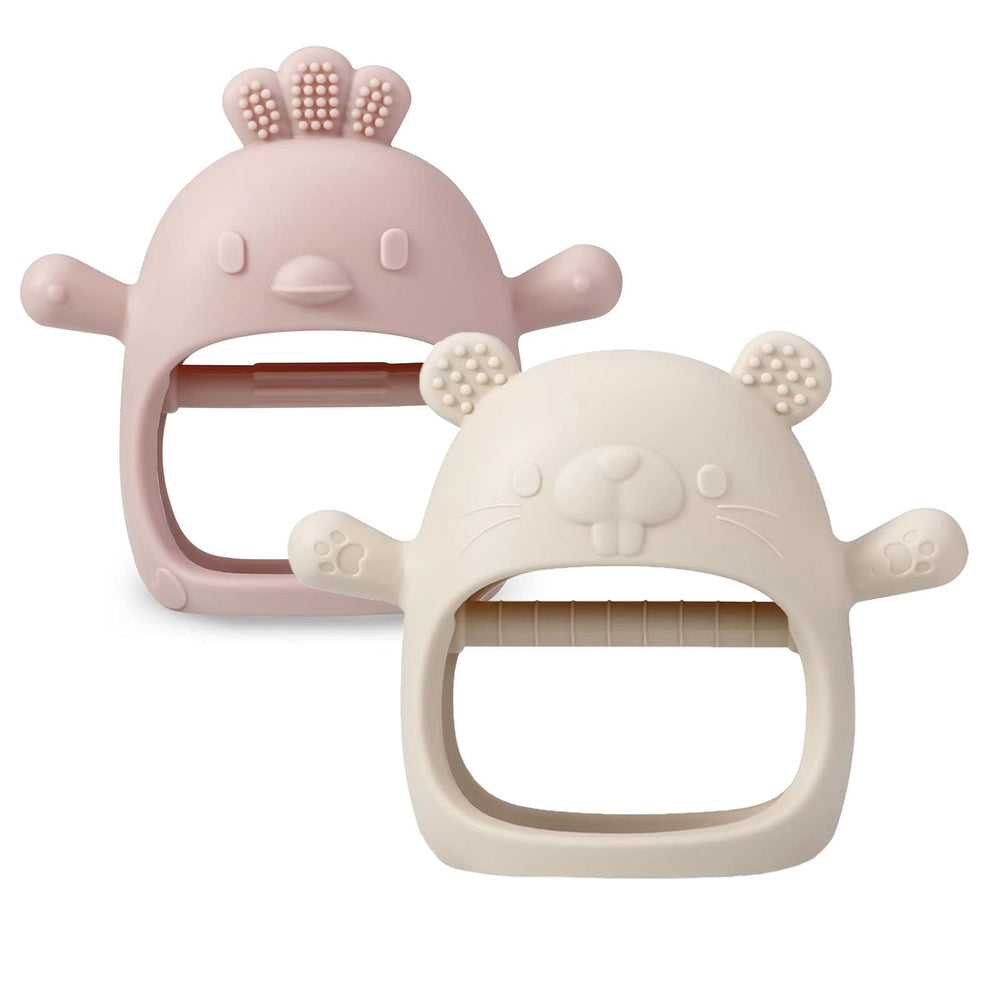 PandaEar 2-pack silicone baby teether mittens in white and pink offer convenient grab-and-go relief.
