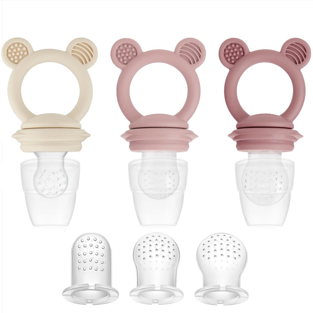 PandaEar 3-pack baby fruit feeder pacifier in pink linen supports self-feeding with safe silicone