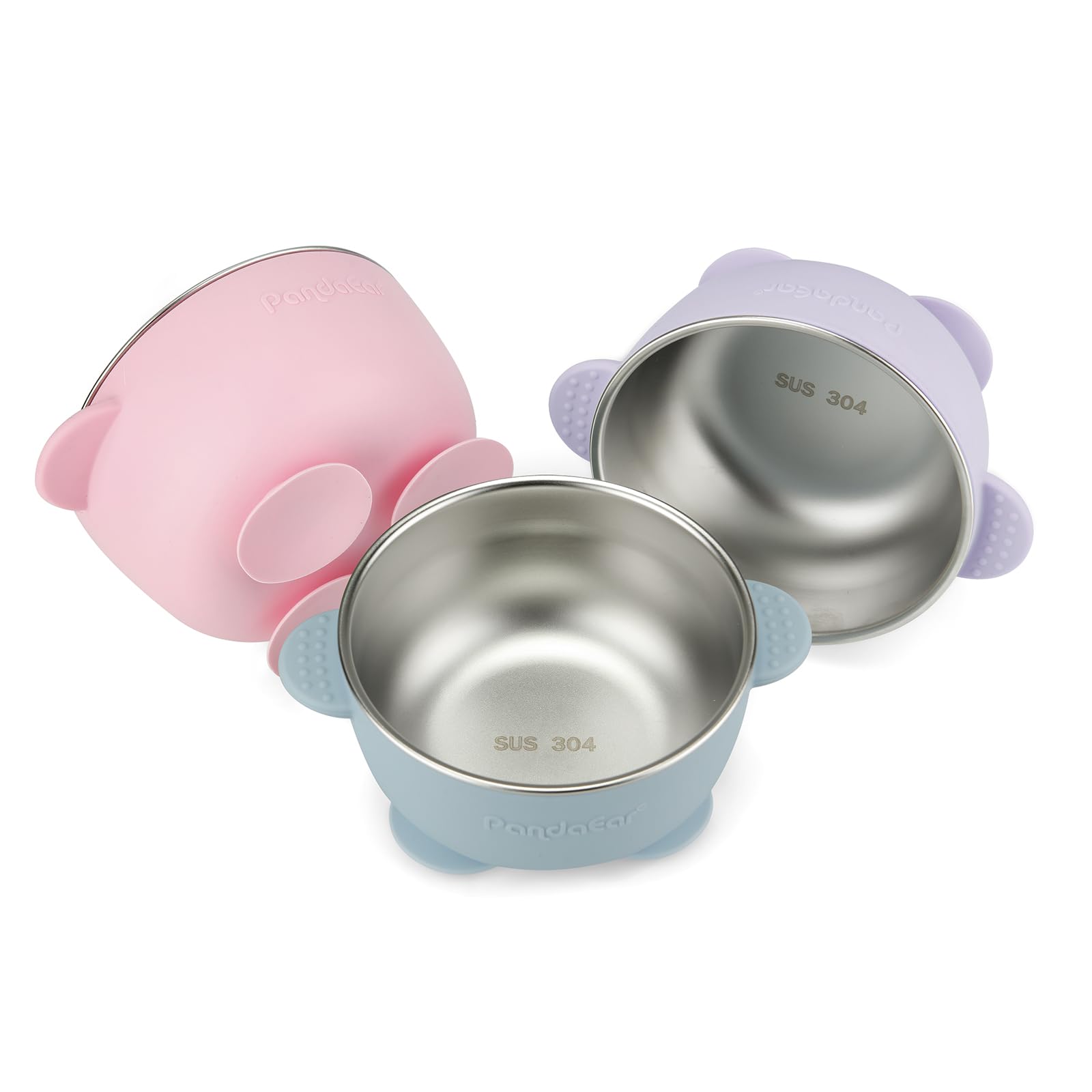 PandaEar 3-pack baby suction bowls show secure suction on a highchair tray for mess-free feeding.