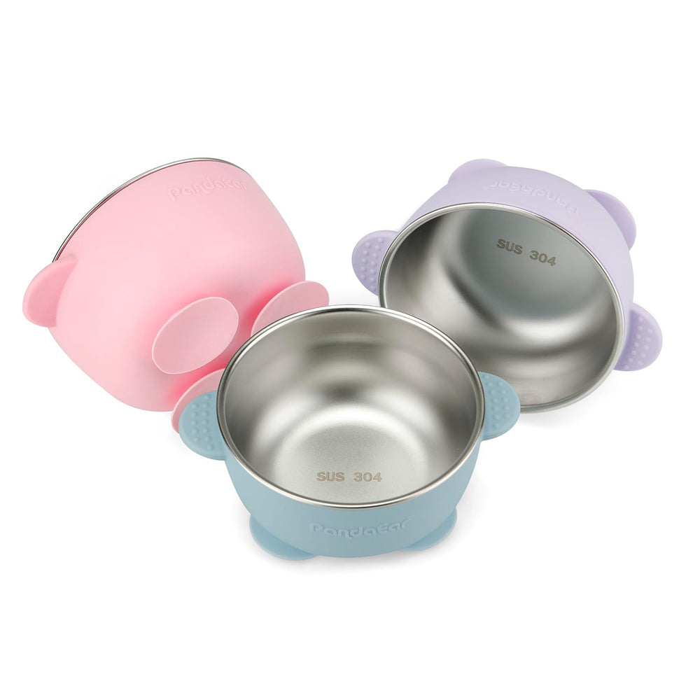 PandaEar 3-pack baby suction bowls show secure suction on a highchair tray for mess-free feeding.