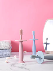 PandaEar 3-pack silicone baby toothbrush teether close-up shows soft, gentle bristles for tiny gums.