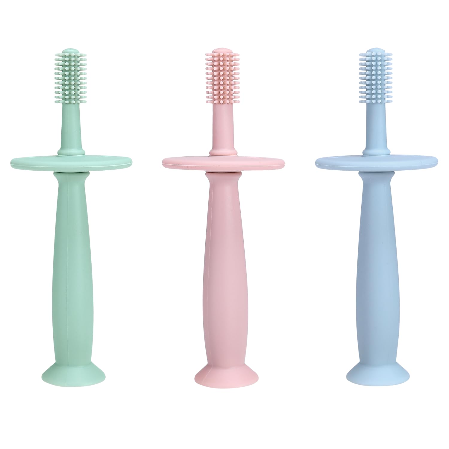 PandaEar 3-pack silicone baby toothbrush teether in hand during a soothing teething session.