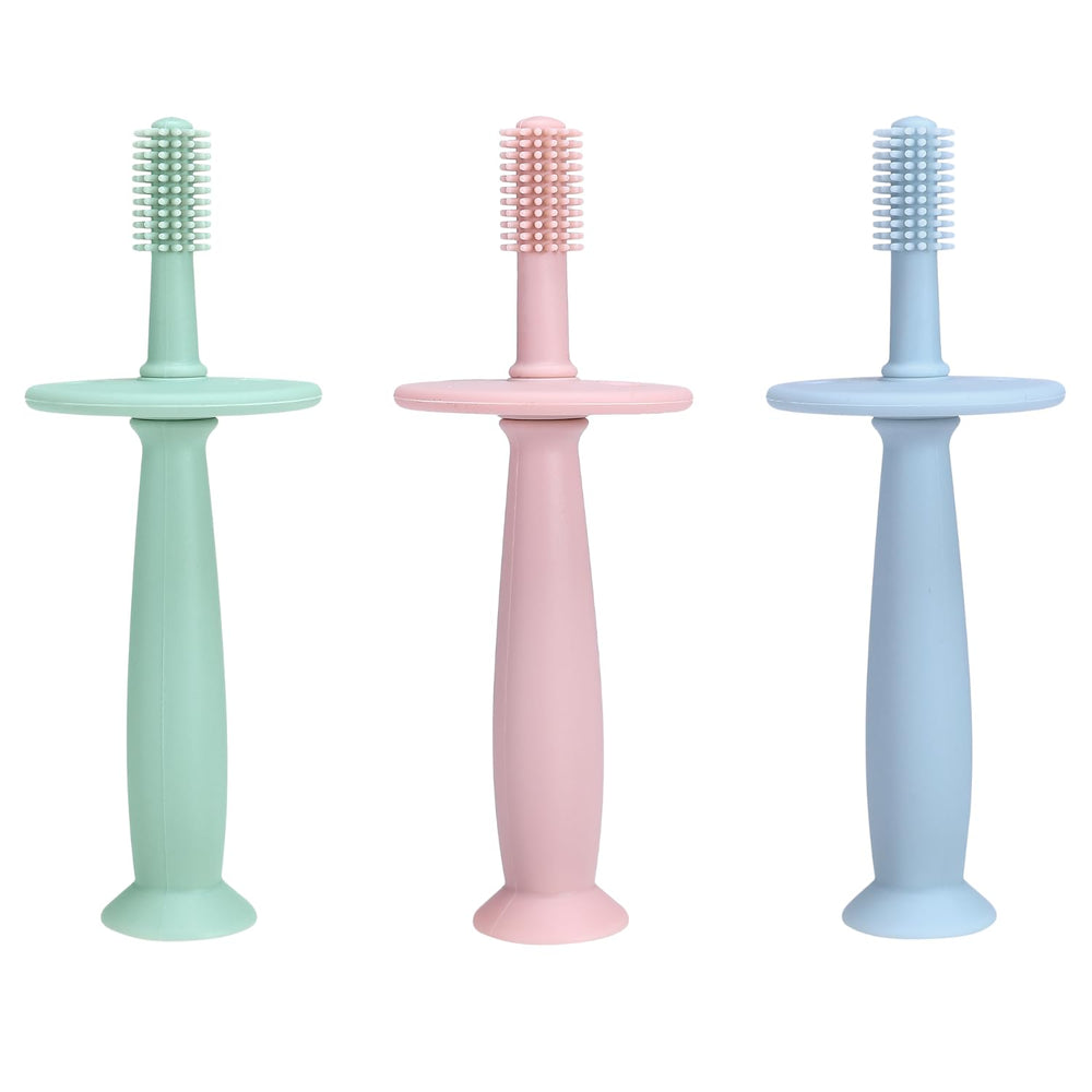 PandaEar 3-pack silicone baby toothbrush teether in hand during a soothing teething session.