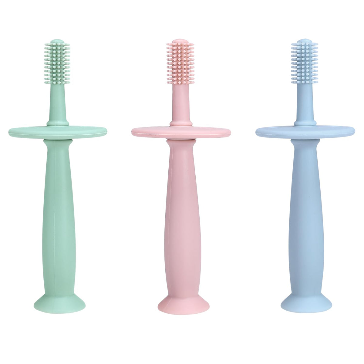 PandaEar 3-pack silicone baby toothbrush teether in hand during a soothing teething session.
