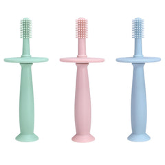 PandaEar 3-pack silicone baby toothbrush teether in hand during a soothing teething session.