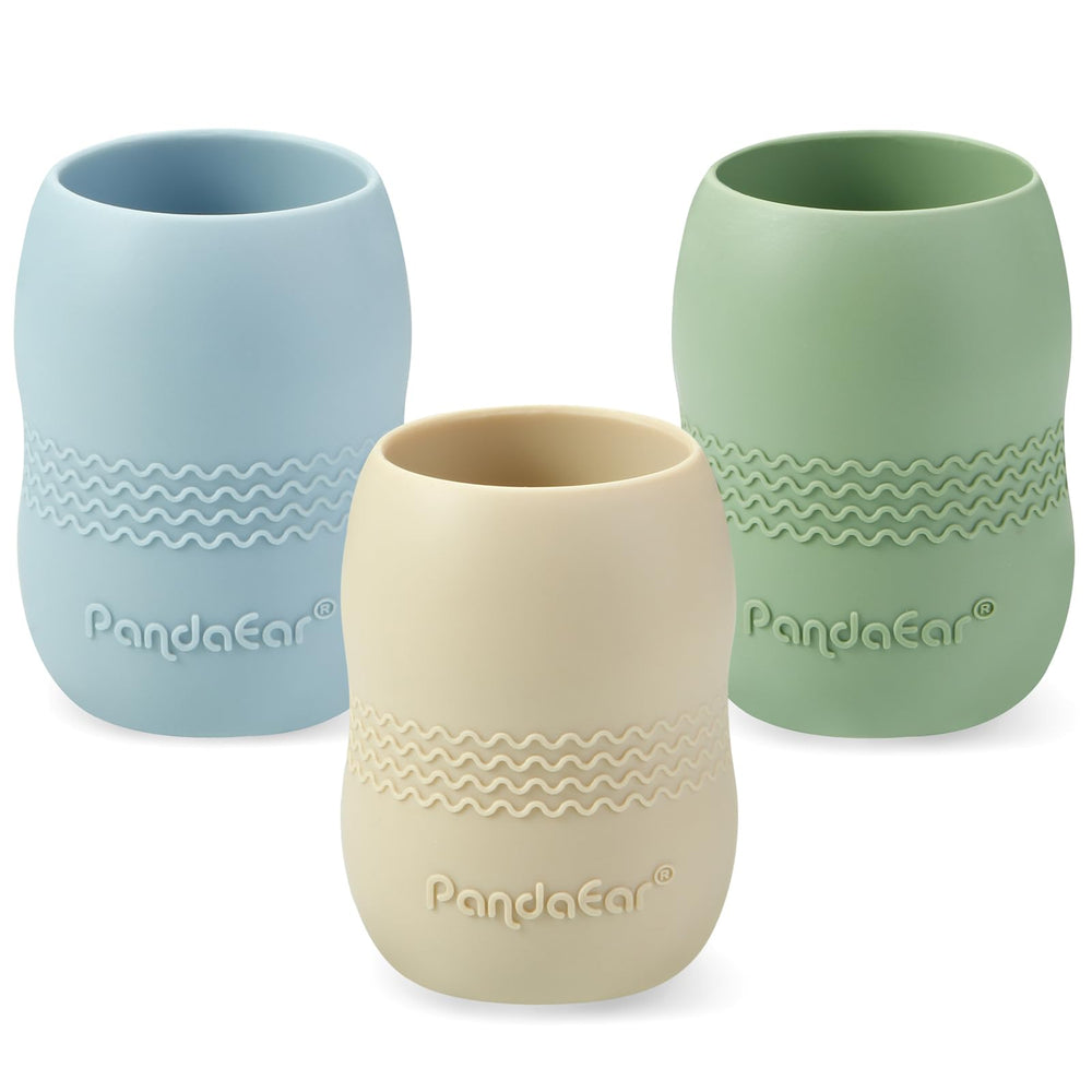 PandaEar 3-pack blue silicone cups for open-cup learning with toddlers.