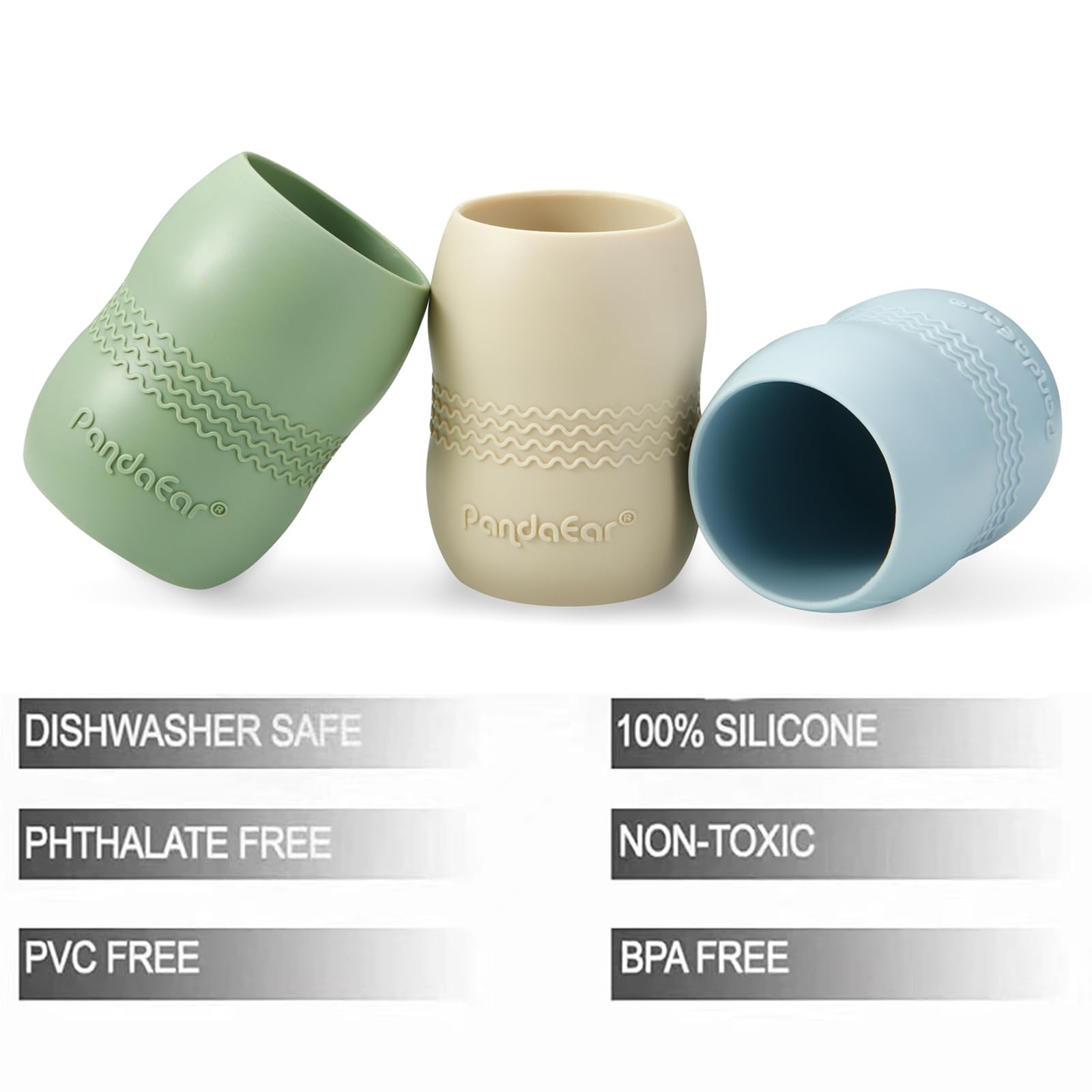 PandaEar 3-pack green silicone cups with non-slip grip for confident tiny hands.