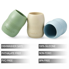 PandaEar 3-pack green silicone cups with non-slip grip for confident tiny hands.