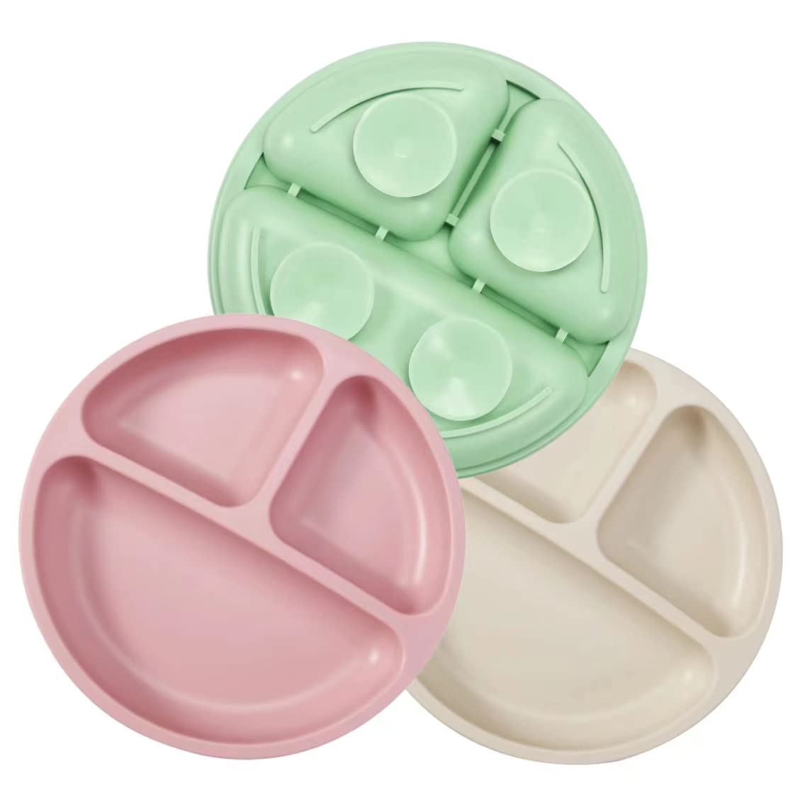 PandaEar 3-pack divided plates in pink, green, light tan for mess-free meals