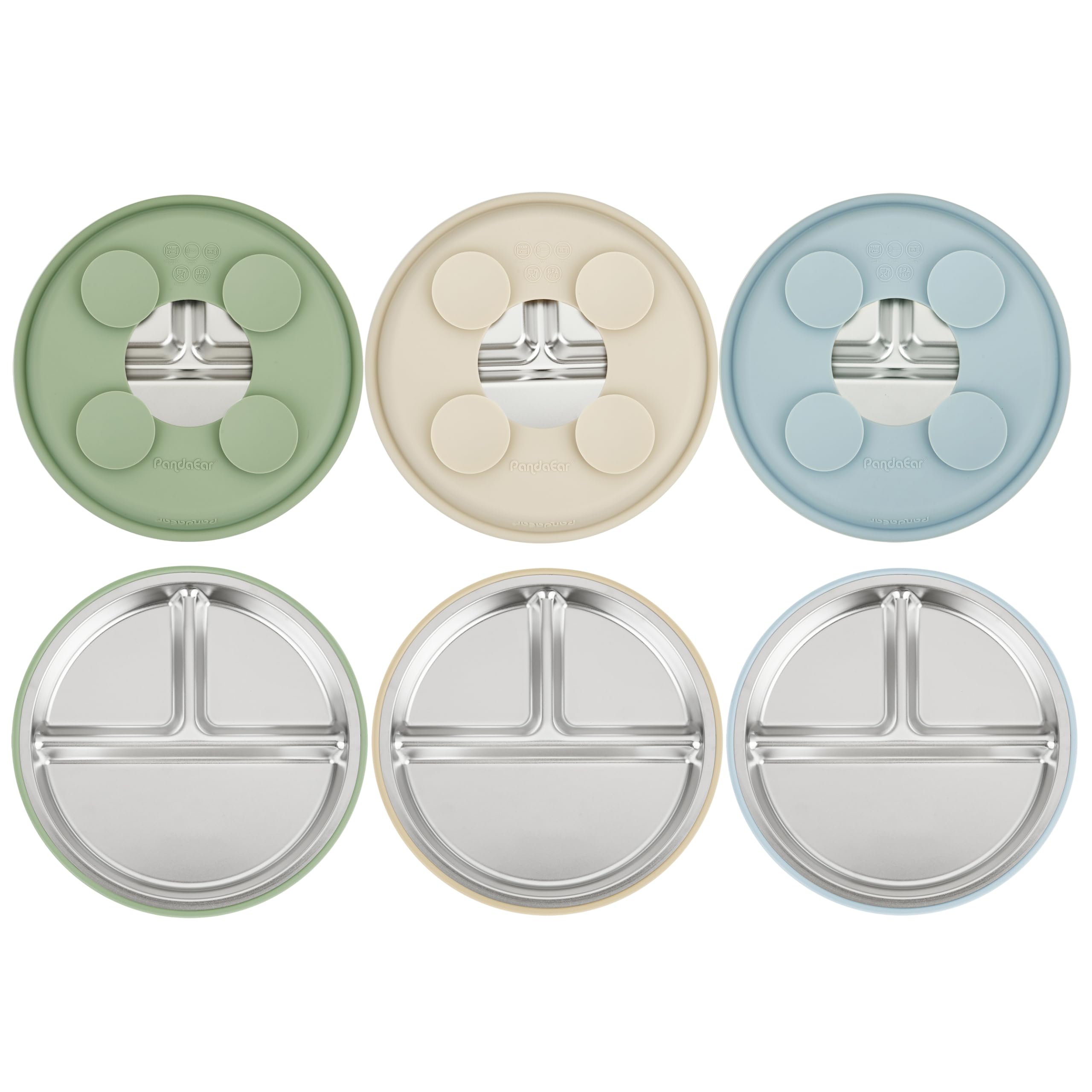 PandaEar 3-pack stainless steel plates pack for mess-free meals with secure suction.