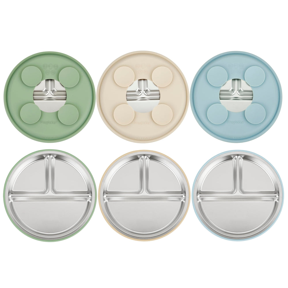 PandaEar 3-pack stainless steel plates pack for mess-free meals with secure suction.