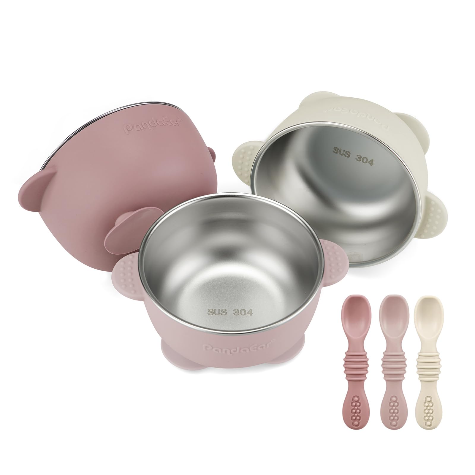 PandaEar 3pack stainless steel suction bowls on counter for mess-free feeding.