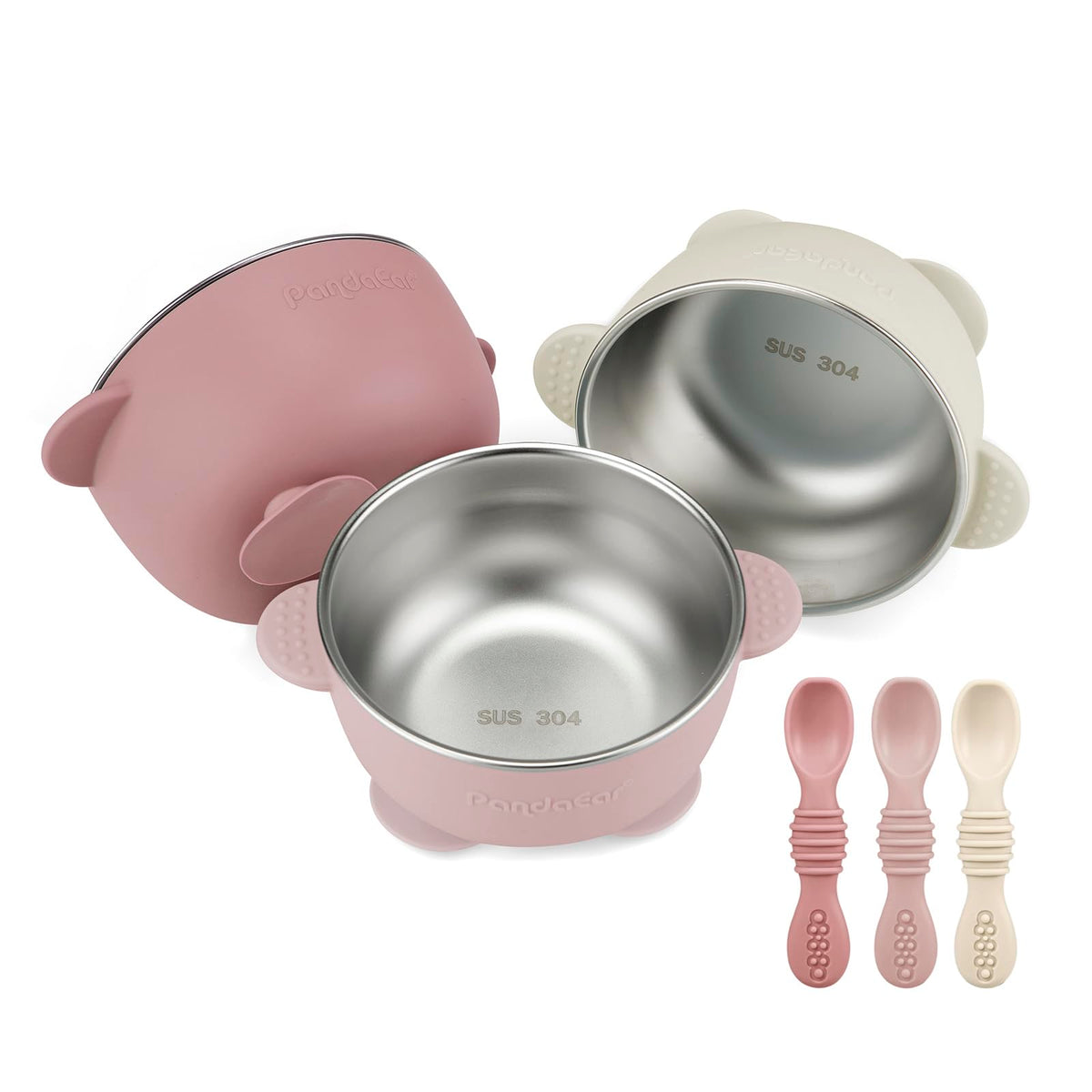 PandaEar 3pack stainless steel suction bowls on counter for mess-free feeding.