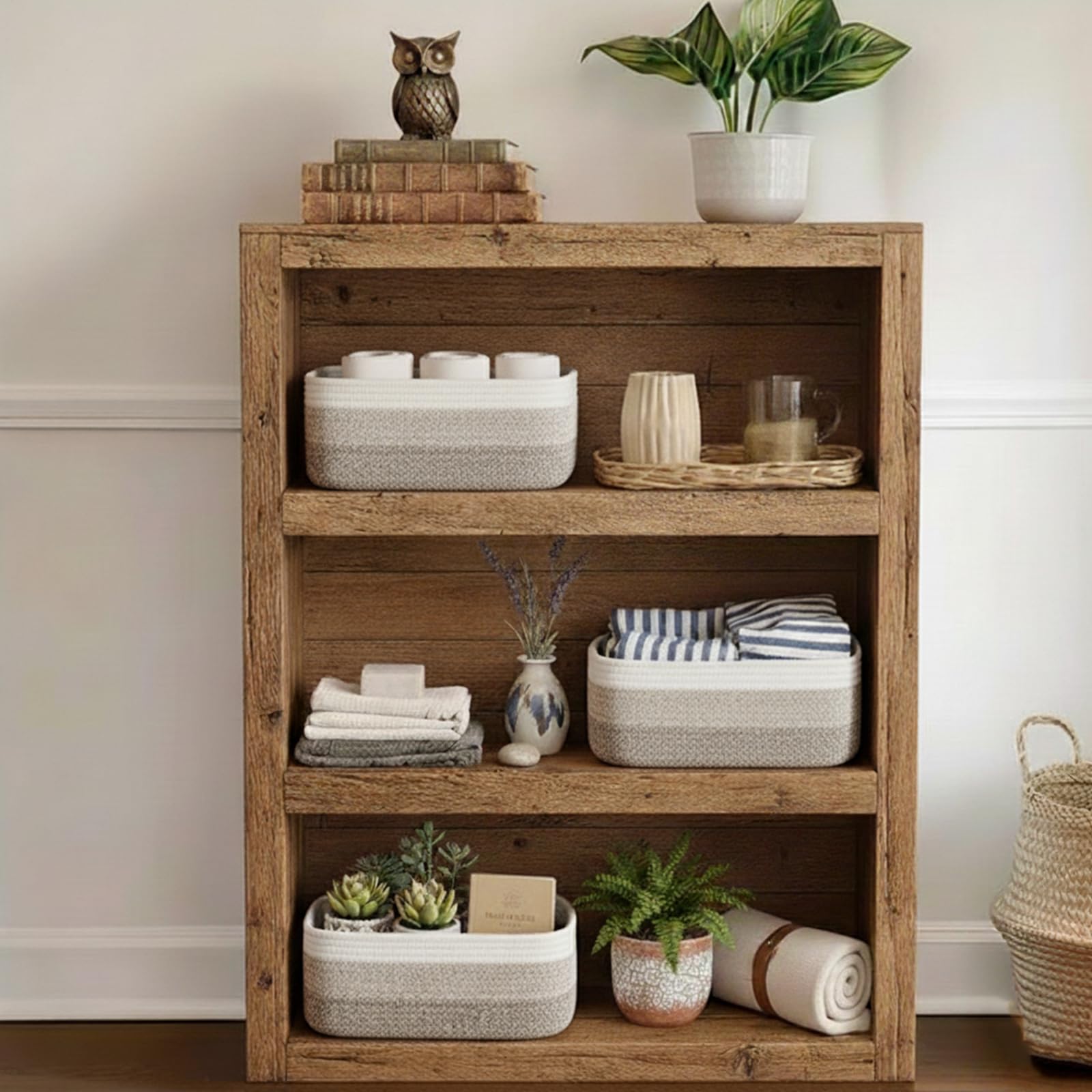 PandaEar 3-pack woven storage baskets hidden-handles close-up shows easy lifting.