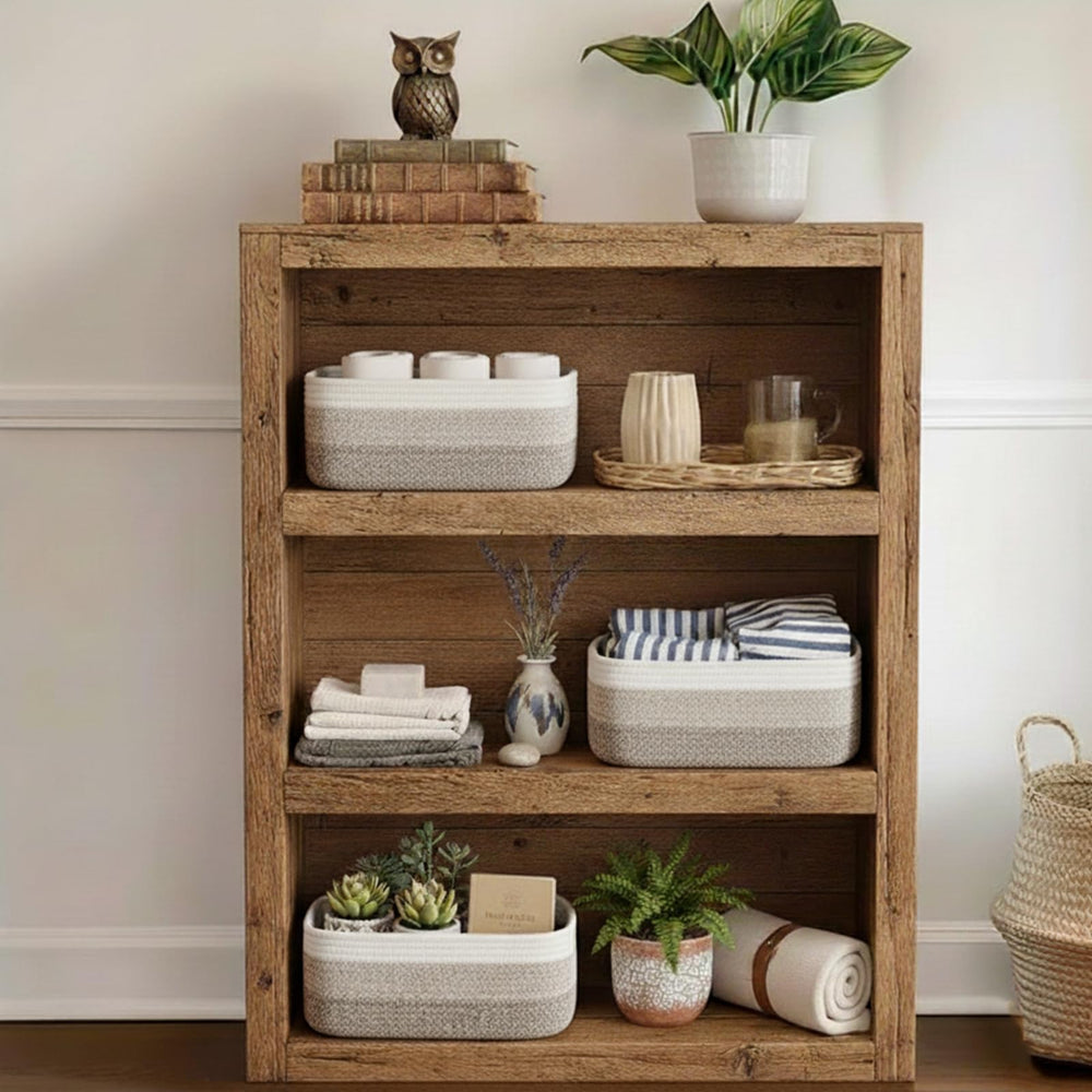 PandaEar 3-pack woven storage baskets hidden-handles close-up shows easy lifting.
