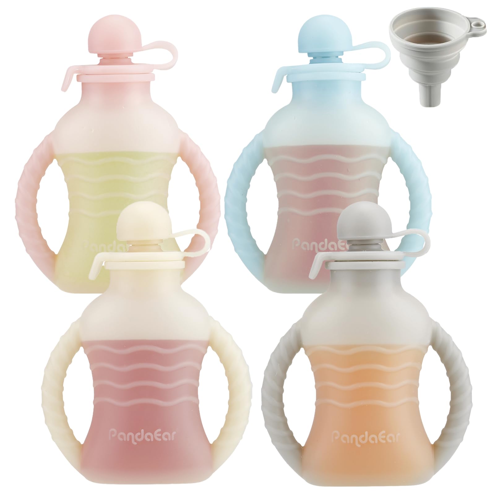 PandaEar 4-pack silicone pouches close-up showing BPA-free material for safe baby meals.