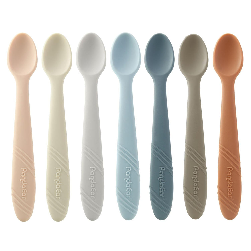 PandaEar 7Pack soft-tip silicone spoons closeup in pastel colors for gentle feeding