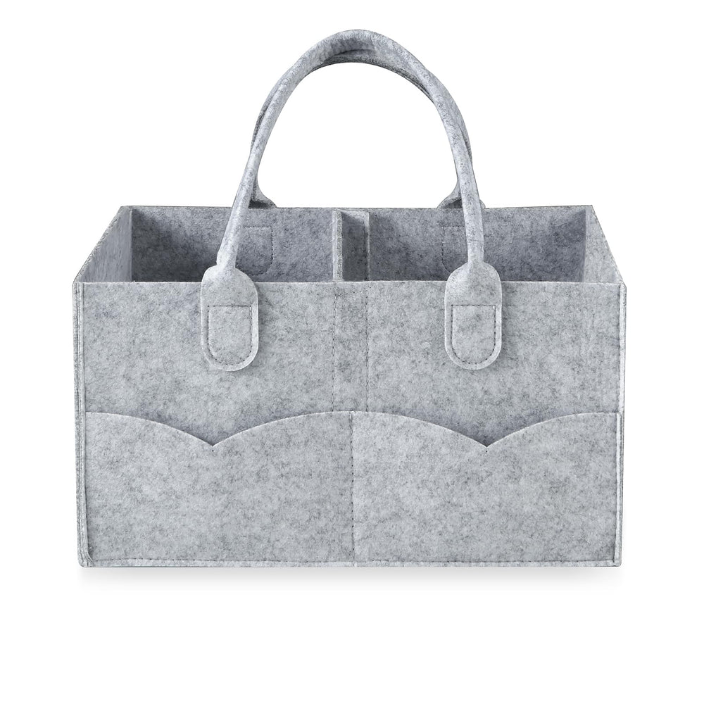 PandaEar baby diaper caddy organizer gray front view for easy access and quick changes.