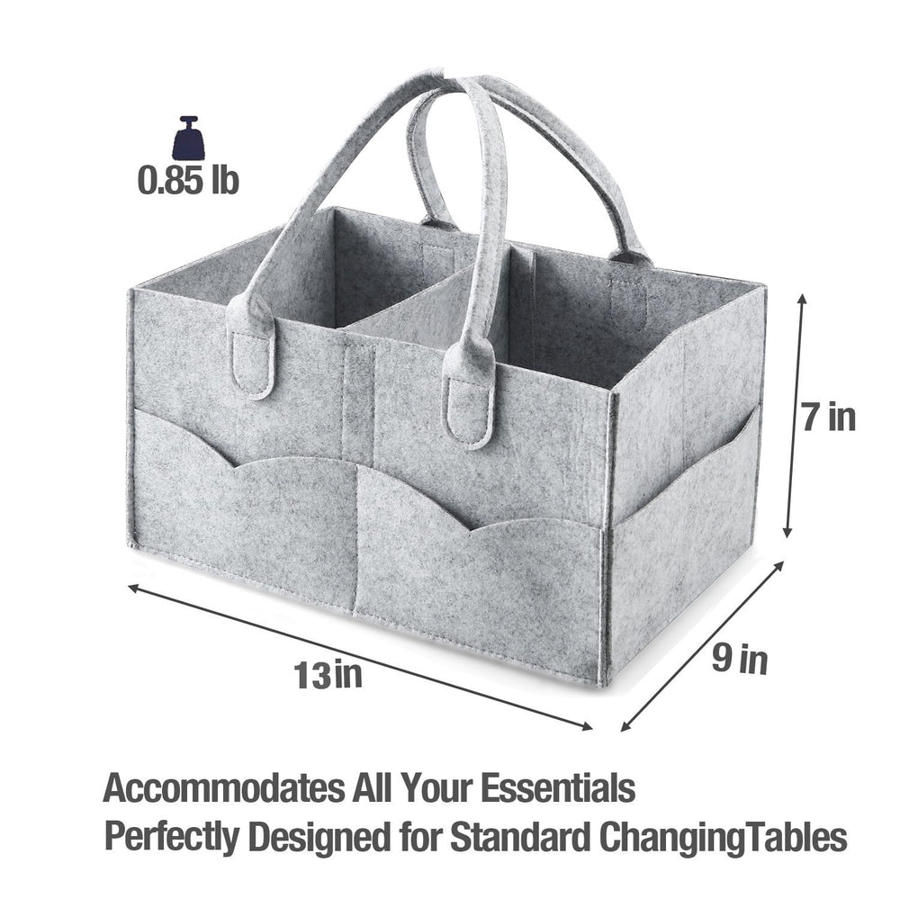 PandaEar diaper caddy organizer gray pockets open demonstrates clutter-free changing station.