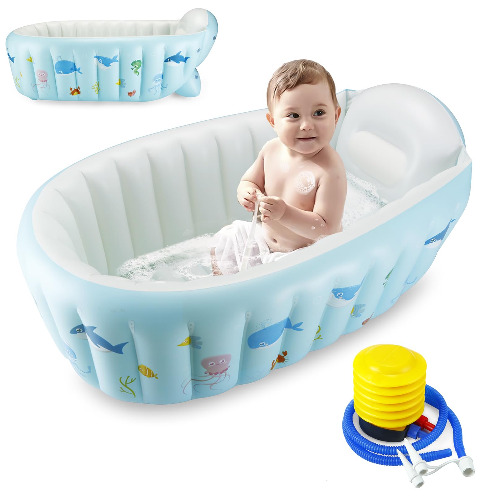 PandaEar baby inflatable bathtub with whale blue design ensures comfortable bath time at home.