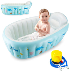PandaEar baby inflatable bathtub with whale blue design ensures comfortable bath time at home.