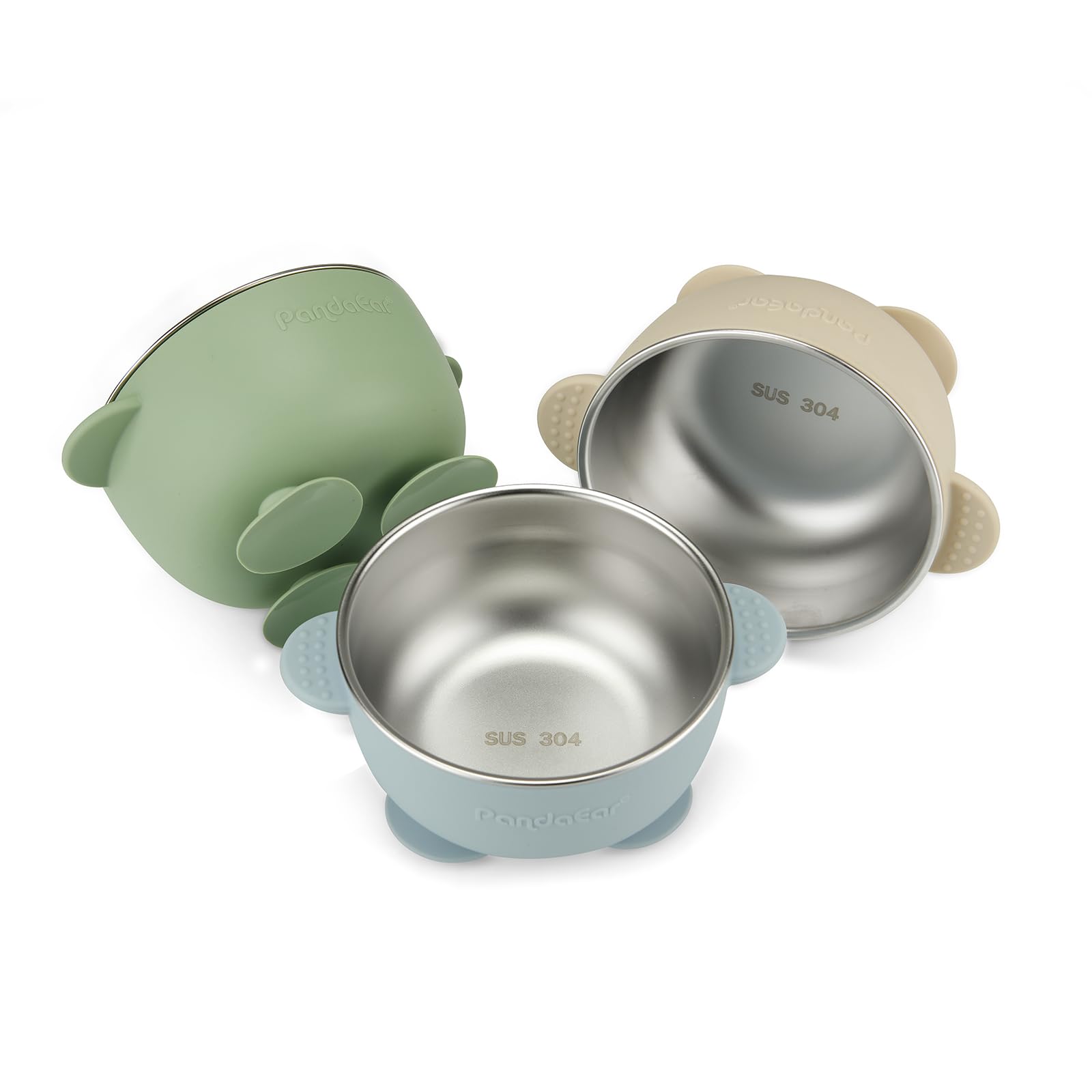 PandaEar stainless steel baby suction bowls offer secure grip for mess-free meals.