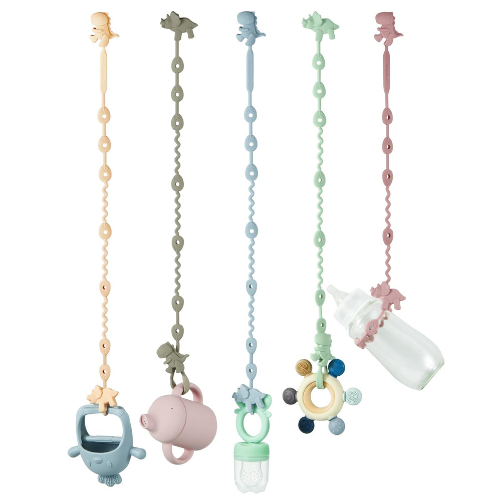 PandaEar Baby Toy Straps with dinosaur design keeps pacifiers within reach during playtime.