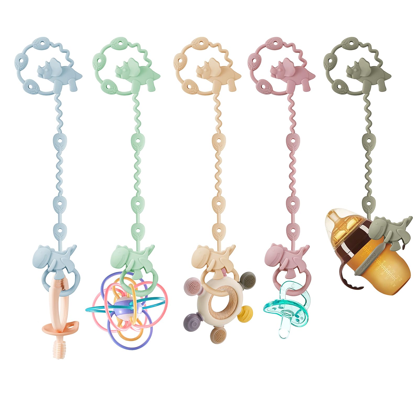 PandaEar stroller attachment demonstrates secure clips for bottles and teether toys.