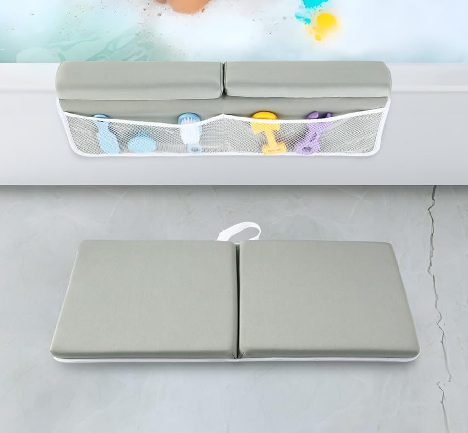 PandaEar baby bath setup showing kneeler, elbow rest, and pockets organized.