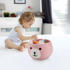 PandaEar bear-design baby basket pink helps tidy toys and blankets.