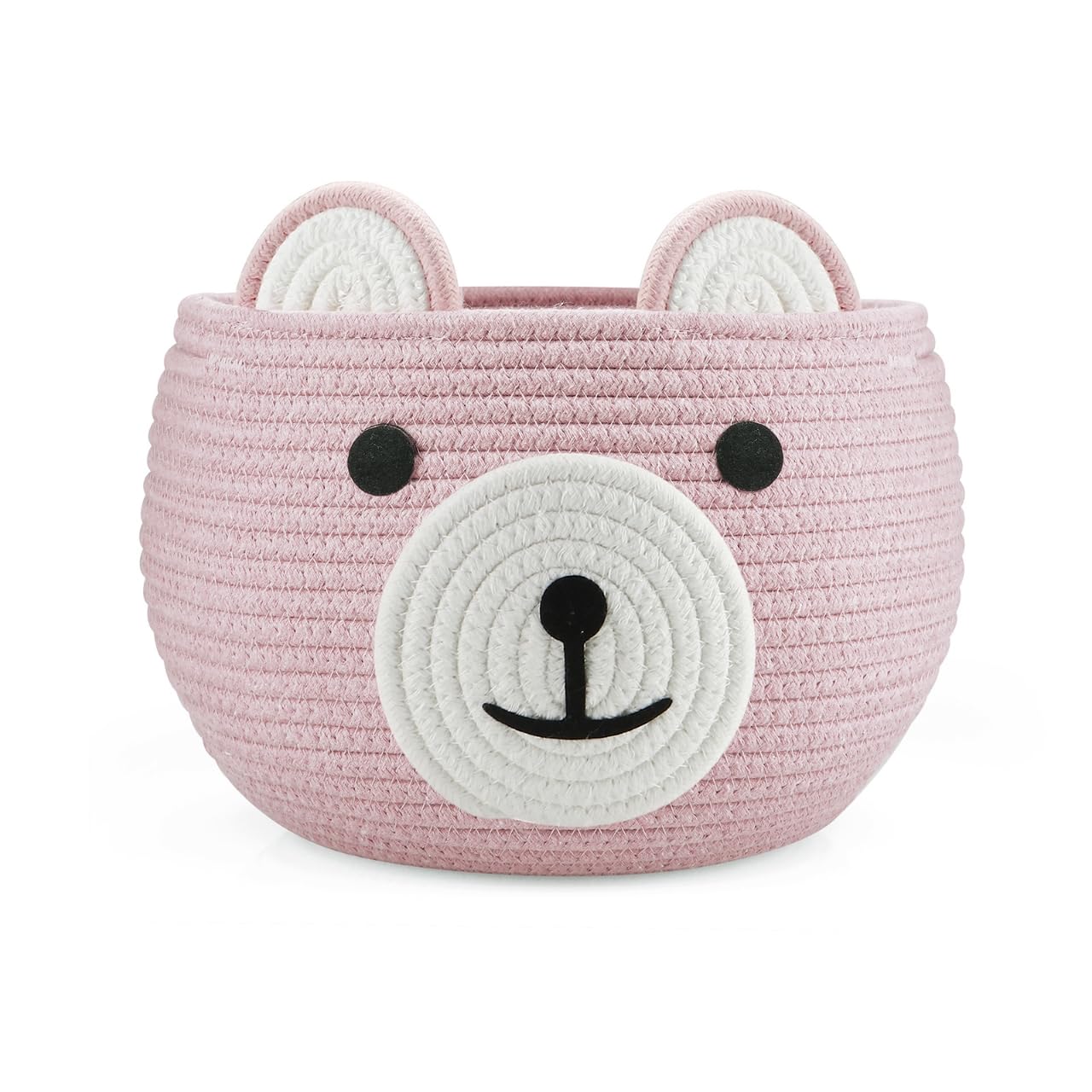 PandaEar cotton rope baby basket with bear design in pink for organized nursery essentials.