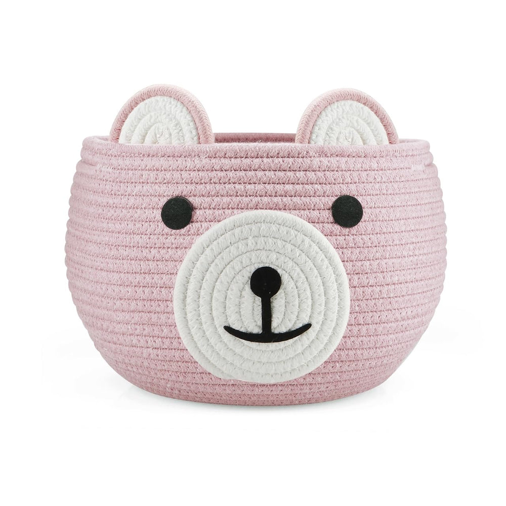 PandaEar cotton rope baby basket with bear design in pink for organized nursery essentials.