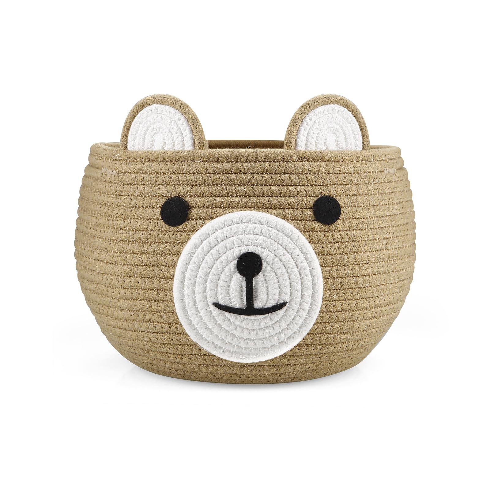 PandaEar cotton rope baby basket bear design rests on a nursery shelf for organized diaper and toy storage.