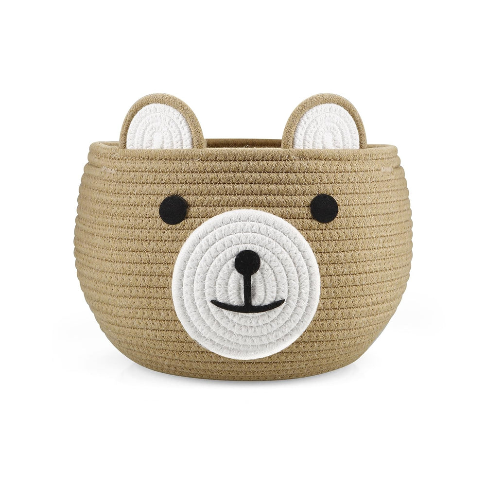 PandaEar cotton rope baby basket bear design rests on a nursery shelf for organized diaper and toy storage.