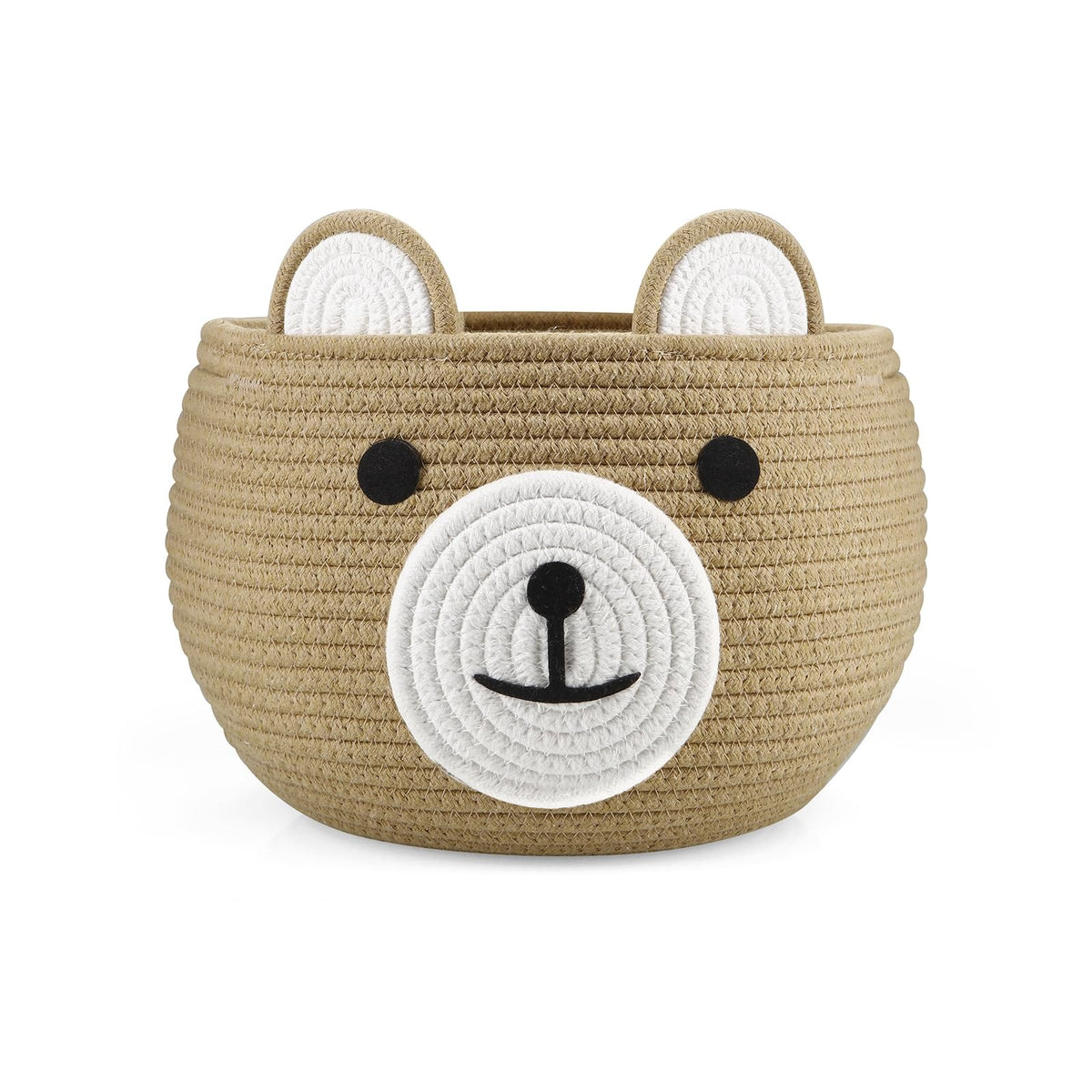 PandaEar cotton rope baby basket bear design rests on a nursery shelf for organized diaper and toy storage.