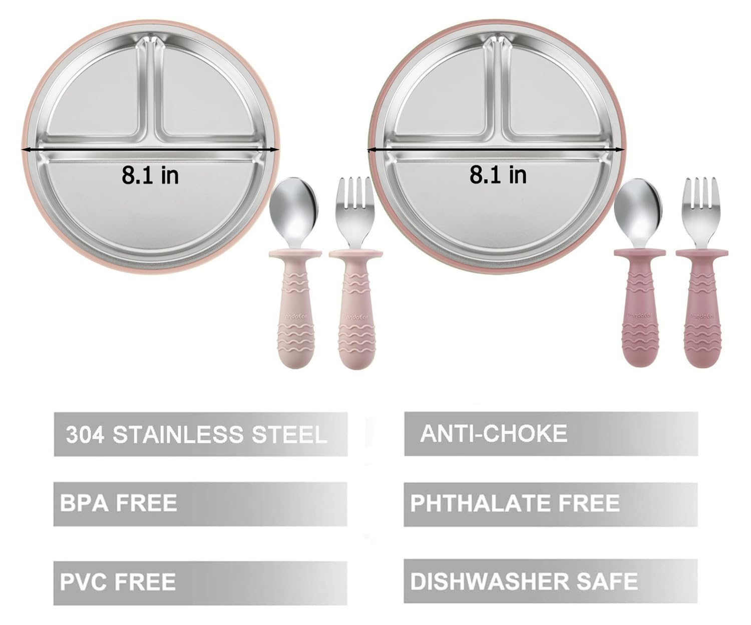 PandaEar divided plate design in pink helps keep foods separate for balanced meals.