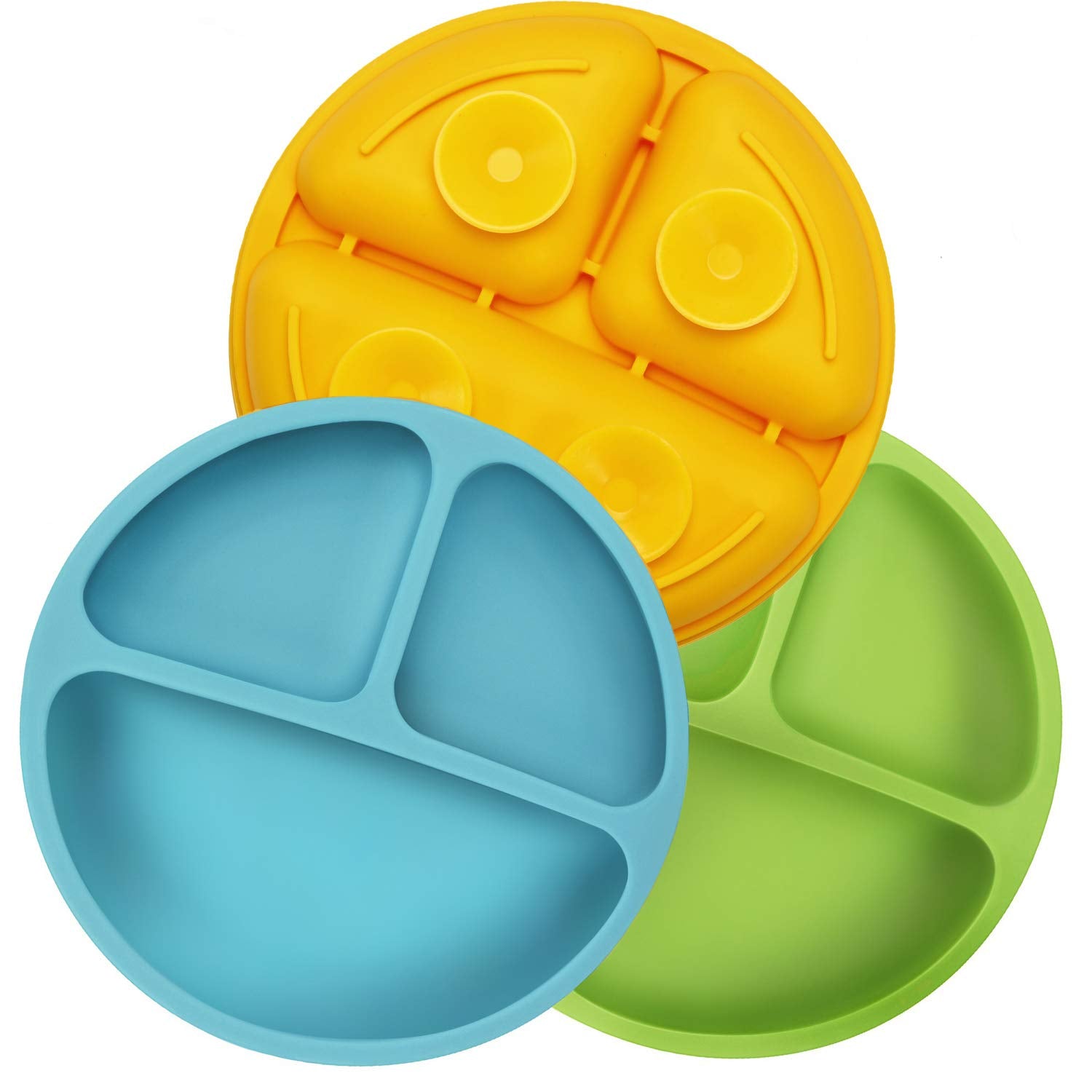 PandaEar divided plates three-pack in blue-green-yellow help organize meals and reduce mess