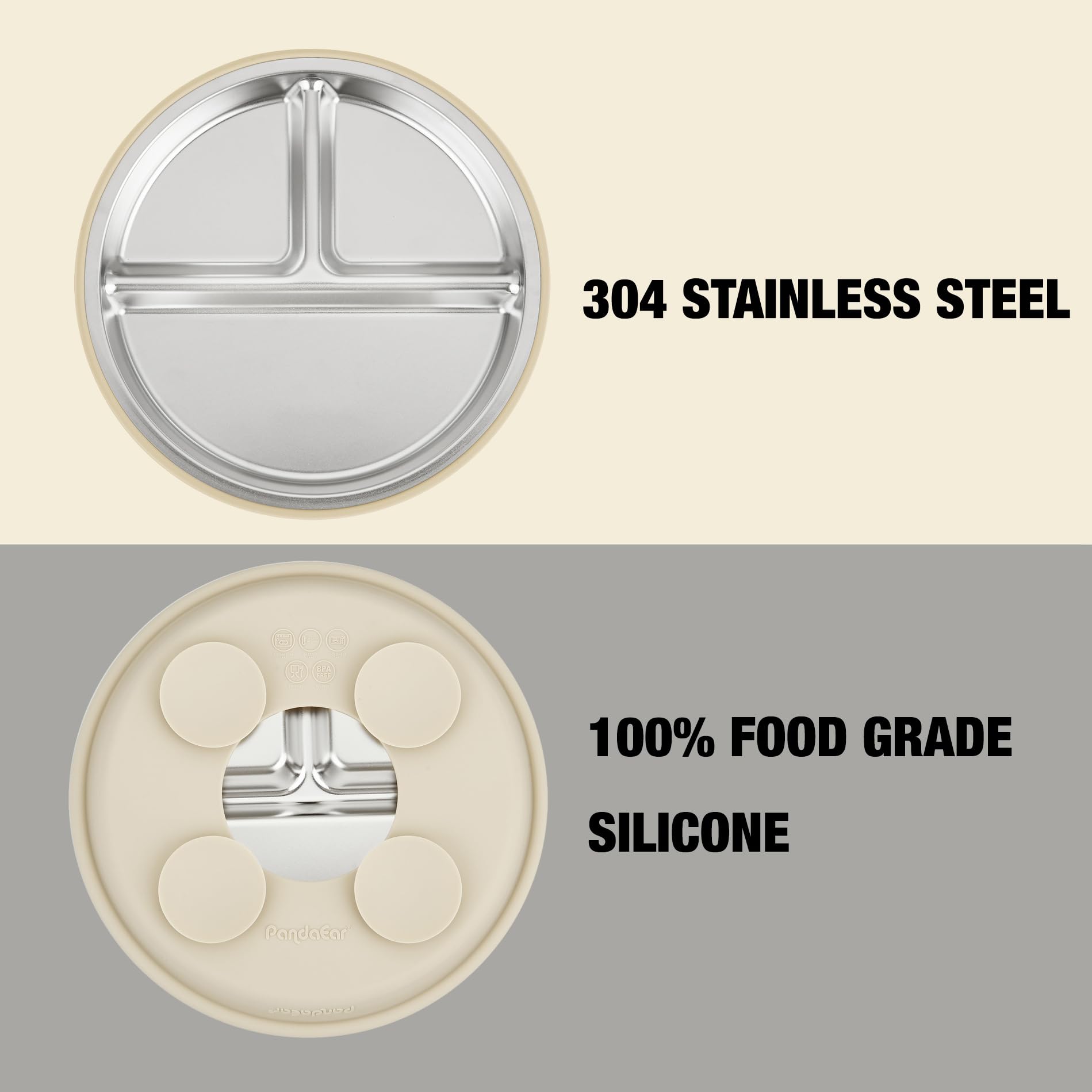 PandaEar divided-sections plate highlighting three compartments for balanced foods.