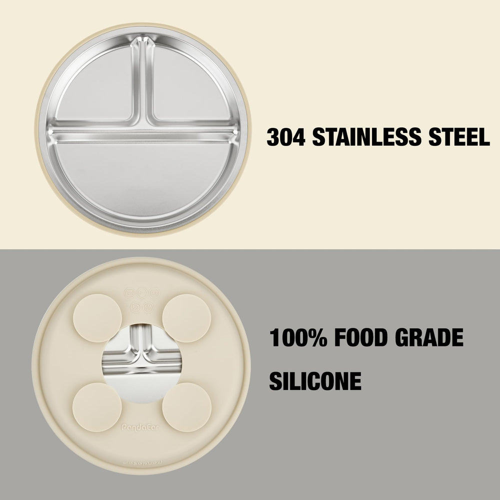 PandaEar divided-sections plate highlighting three compartments for balanced foods.