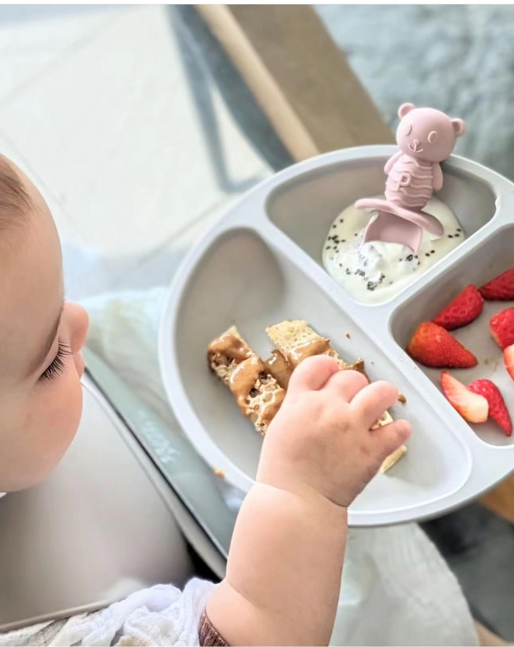 PandaEar divided suction plate grey keeps meals organized and reduces plate throwing.