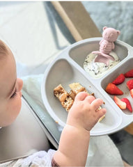 PandaEar divided suction plate grey keeps meals organized and reduces plate throwing.