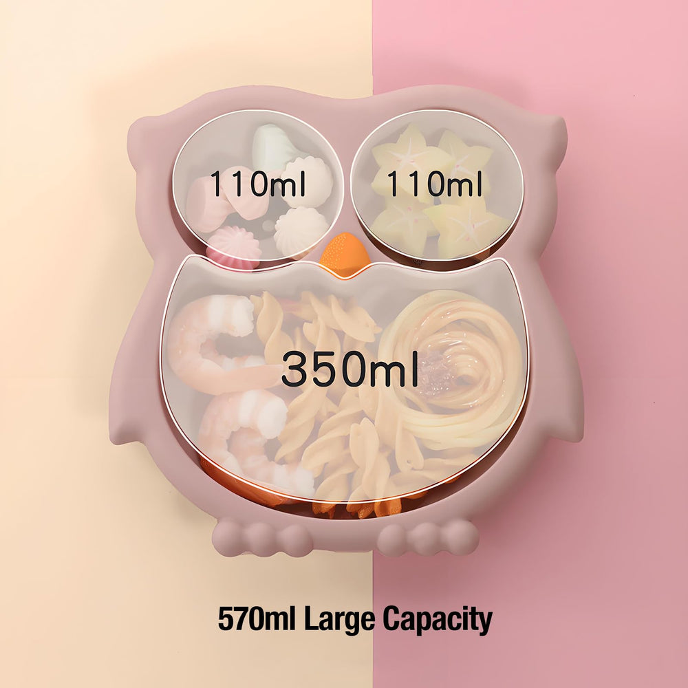 PandaEar pink owl plate in action reduces mess and supports independent eating at mealtime.