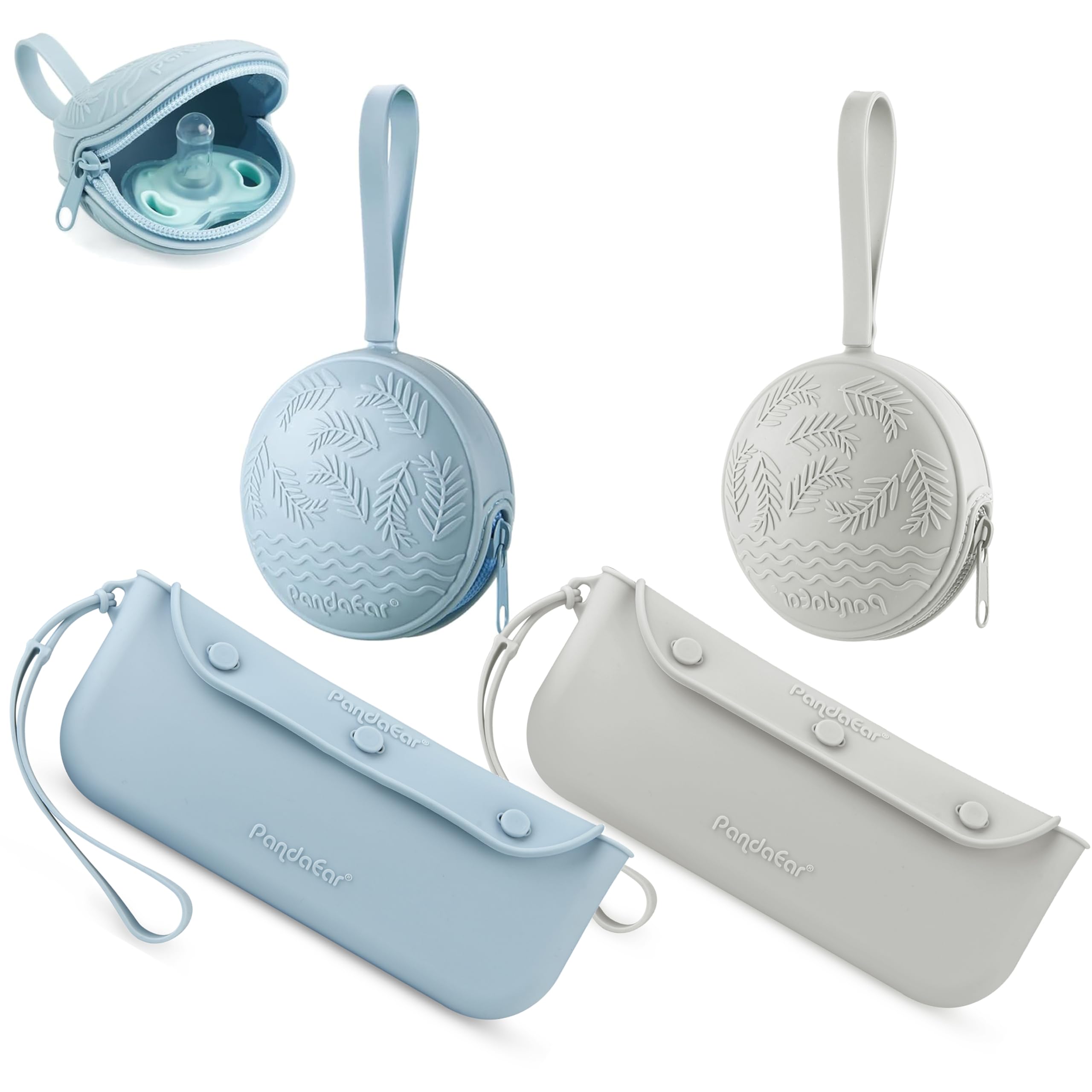 PandaEar pacifier holder case 2pack attached to a stroller for quick access.