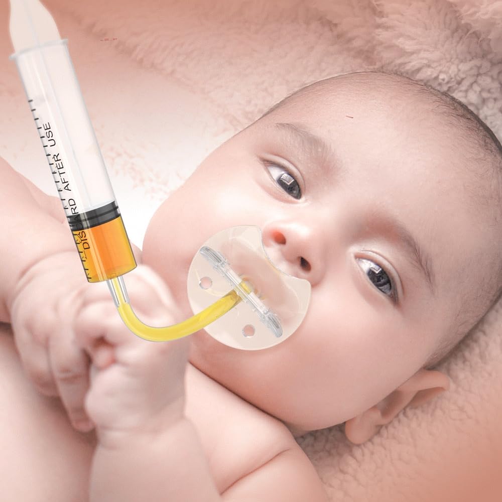 PandaEar pacifier syringe in use delivering medicine gently to a baby.